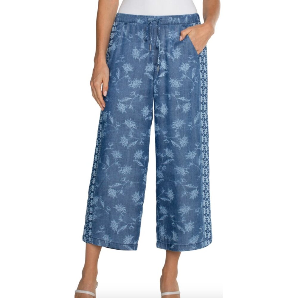 Liverpool Los Angeles Pull On Wide Leg Crop Trouser Indigo Floral Flowy Jeans L